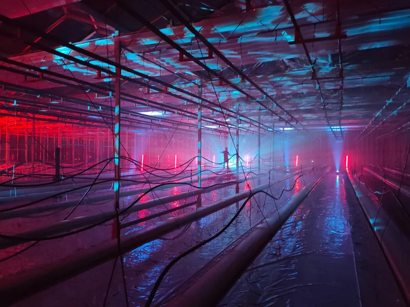 Club baigné de lumière rose et bleue avec faisceaux laser